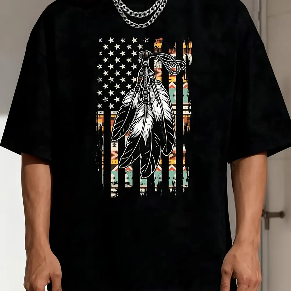 Men’ Natural Vintage Feather Shirt – Patterned T-shirt, Cropped Top, and Set. Unisex colorway. 2026 summer short-sleeve printed T-shirt, Pioneer Day
