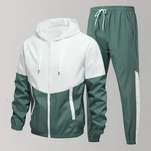 Men's Casual Hooded Jacket and Jogger Pants Set - Colorblock Design, Polyester Fiber, Machine Washable - Ideal for Spring and Autumn, Casual Style, Regular Fit, Spring and Autumn