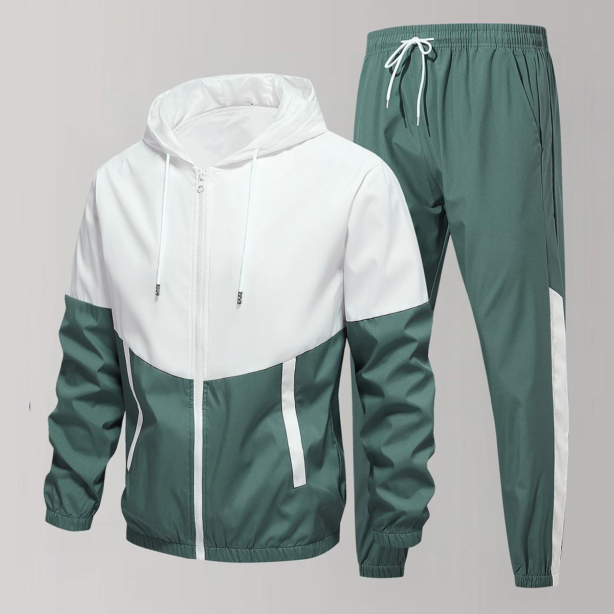 Men's Casual Hooded Jacket and Jogger Pants Set - Colorblock Design, Polyester Fiber, Machine Washable - Ideal for Spring and Autumn, Casual Style, Regular Fit, Spring and Autumn