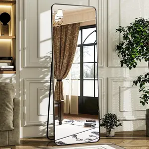 56 x 21 rounded full length mirror aluminum frame black mirror full length floor mirror with stand for living room bedroom cloakroom