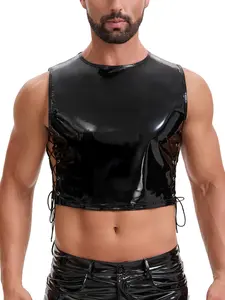 Men's Glossy Leather Cropped Tank Top, Sexy Drawstring Pullover Half Tops Sleeveless, Wetlook Slim Fitted Solid Motorcycle Jacket Party