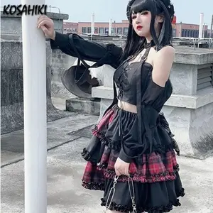 KOSAHIKI Black Plaid Goth Pleated Skirt Woman Gothic Punk Harajuku EGirl Mini Skirts Lolita Fairy Grunge Patchwork Alt Clothes