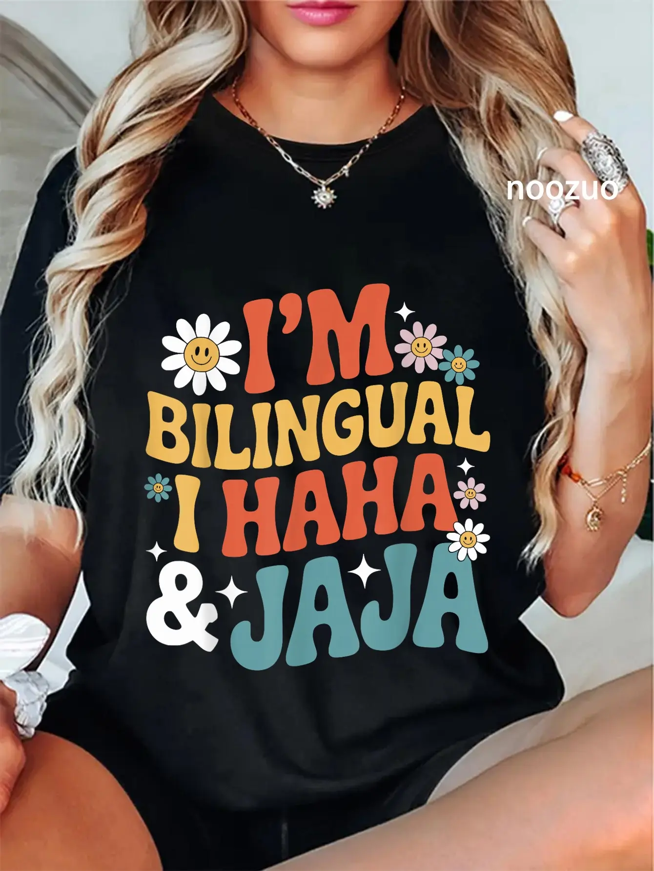 Women's Vintage Graphic T-Shirt - 100% Cotton Casual Fit Top with Funny "I Haha and Jaja" Bilingual Quote for Everyday Wear