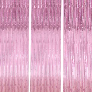 Pink Foil Backdrop Curtain, 3 PCS 3.3 x 9.9 ft, for Galentines Day, Birthday, Graduation, Engagement Party Decorations