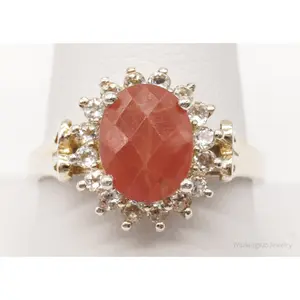 Vintage Peach Stone Cubic Zirconia Sterling Silver Ring - Size 9.75