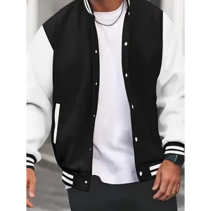 Men's Preppy Casual Varsity Jacket - Red & White Striped Baseball Collar, Stretch Long Sleeves, Polyester-Spandex Knit Fabric with Leatherlike Finish, Ribbed Details, Pockets, Machine Washable, Ideal for Spring & Fall