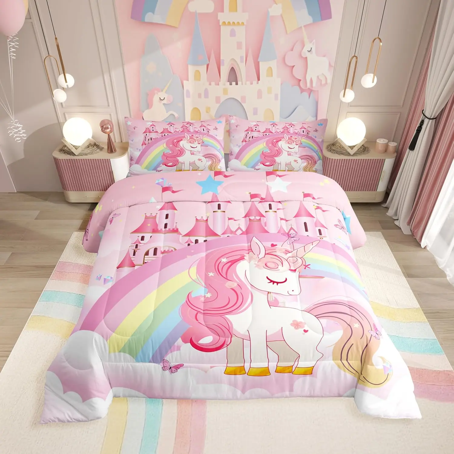 Feelyou Girls' Unicorn Printed Blanket Bed Comforter Set - Rainbow Princess Pink Reversible Bedding, Cute Castle & Stars Design, Soft Warm Breathable Lightweight, Low-Tumble-Dry King Size for Guest Room