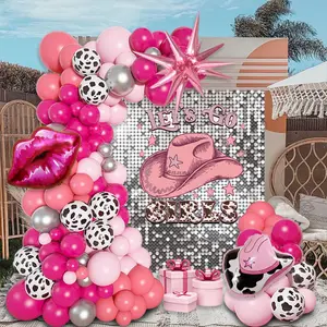 105pcs Western Cowboy Pink Birthday Party Balloon Chain Set Pink Cowboy Hat Red Lips Explosion Star Paired with Pink Rose Red Silver Balloon Perfect for Girl Birthday Party Singles Party Valentine's Day Party Cowboy Theme Party Decoration