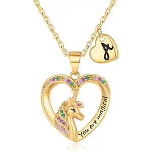 Unicorn Necklaces for Girls - 14K Gold/White Gold/Rose Gold Plated CZ Heart Pendant Jewelry, Toddler and Teen Initial Necklaces, Colorful Unicorn Gifts