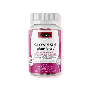 Swisse Glow Skin Glam Bites - Collagen Peptides, Hyaluronic Acid & Sea Moss – Supports Skin Elasticity & Hydration – Zero Sugar Gummies for Adults – Blueberry Lavender Flavor, 60 Count