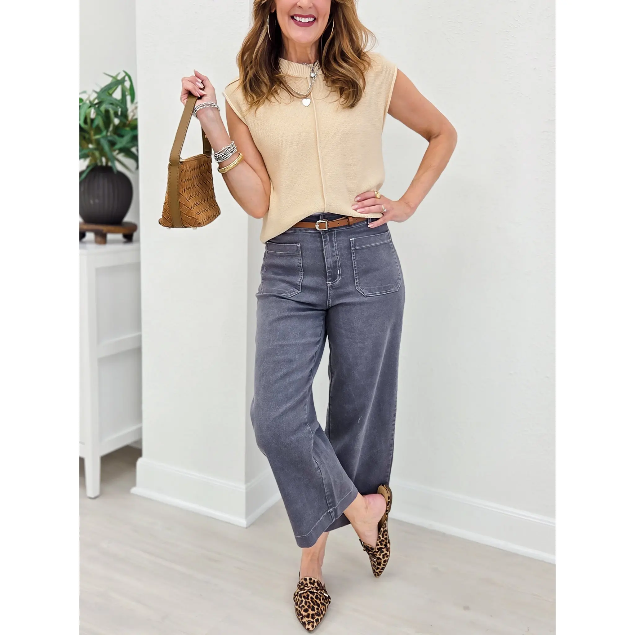 Charcoal Relaxed Fit Wide Leg Cropped Pant