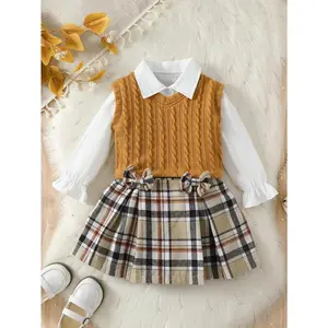 3-piece college-style children's skirt set |    Solid color long-sleeve shirt, cable-knit vest, and plaid pleated skirt, made of medium-elasticity polyester fabric, suitable autumn and winter, regular fit