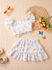 Two-Piece Set Toddler Girl's Floral Print Crop Top & Bow Decor Skirt, Elegant Square Neck Short Sleeve Top & Elastic Waist Skirt for Daily Vacation Party, Kids Clothes for Summer, Baby Clothing Outfit