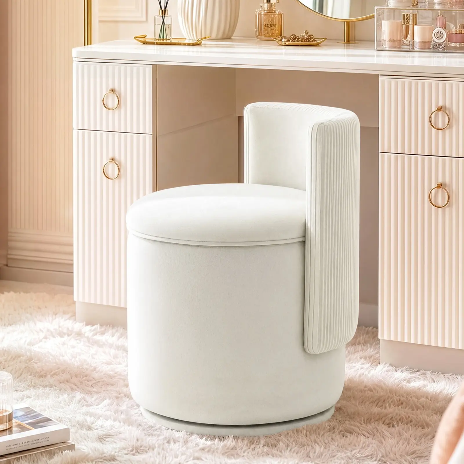 Arlopu 18.3'' XL Velvet Vanity Chair with Storage, 360°Swivel Makeup Stool Modern Upholstered Accent Stool, Makeup Chair for Bedroom, Dressing Room & Living Room Weight Capacity 350 lbs