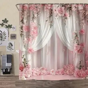 Abstract Floral Bathroom Set, Includes Soft Shower Curtain, Mat, Toilet Seat Cover, Elegant Decor, 4-Piece Bath Ensemble, Shower Curtain Sets, Bathroom Accessory