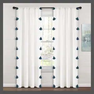 84"x52" Boho Faux Linen Texture Tassel Rod Pocket Window Curtain Panels