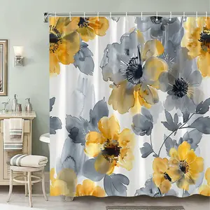 1pc Abstract Watercolor Floral Shower Curtain - Yellow, Gray & Black Flowers with Green Leaves, Modern Polyester Bathroom Decor, 70x70 Inch with 12 Hooks, Machine Washable, Home Decor, Easy Installation, Bathroom Decoration Accessories