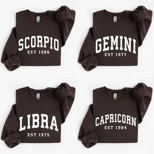 (Leave Add Note or DM our Shop) Custom Zodiac Sweatshirt with Est Year - Dark Chocolate, Cute Horoscope Astrology Graphic Sweatshirt, Unisex Crewneck Sweatshirt, Personalized Zodiac Energy Gift for Birthday, Star Sign Lovers, Celestial Sweatshirt