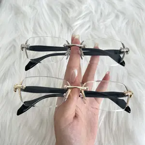 Retro Rimless Eyeglasses Frame Rectangle Clear Lens Glasses Lightweight Metal Fashion Eyewear for Women Men