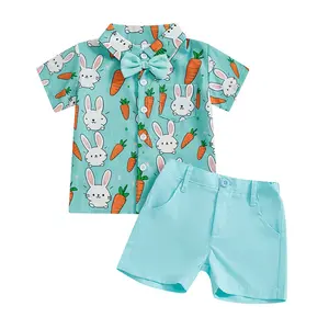 Toddler Baby Boy Bunny Easter Day Outfits Gentleman Suit Set Button Up Shirts and Suspender Shorts Rabbit Carrot Clothes
