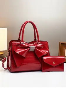 New Elegant Crocodile Pattern Bow Large Capacity PU Leather Shoulder Bag, Travel Shopping Mall Handbag, Versatile Casual Luxury Embellished Shoulder Bag, Stylish Versatile Bag