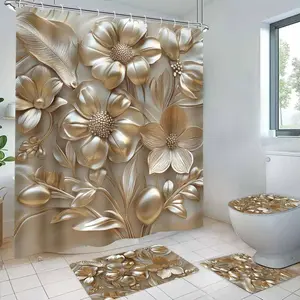 3D Effect Flower Pattern Bathroom Decor Set, 4 Counts/set Including Shower Curtain & Toilet Lid Cover & Rectangular Mat & U-shaped Mat, Bathroom Decor Supplies, Home Goods, Bathroom Decoration Accessories, Shower Curtain Sets
