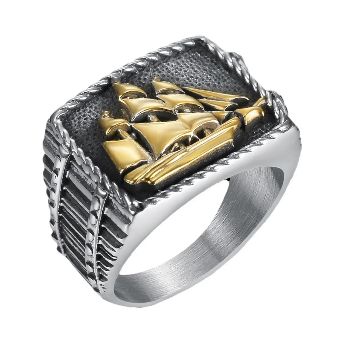 Men's Gothic-Hip-hop Retro Stainless Steel Geometric Sailboat Statement Ring - Multi-Size Party Wear Dark Aesthetic Male Geometric Gothic Graphic Fashion Costume Jewelry Accessory