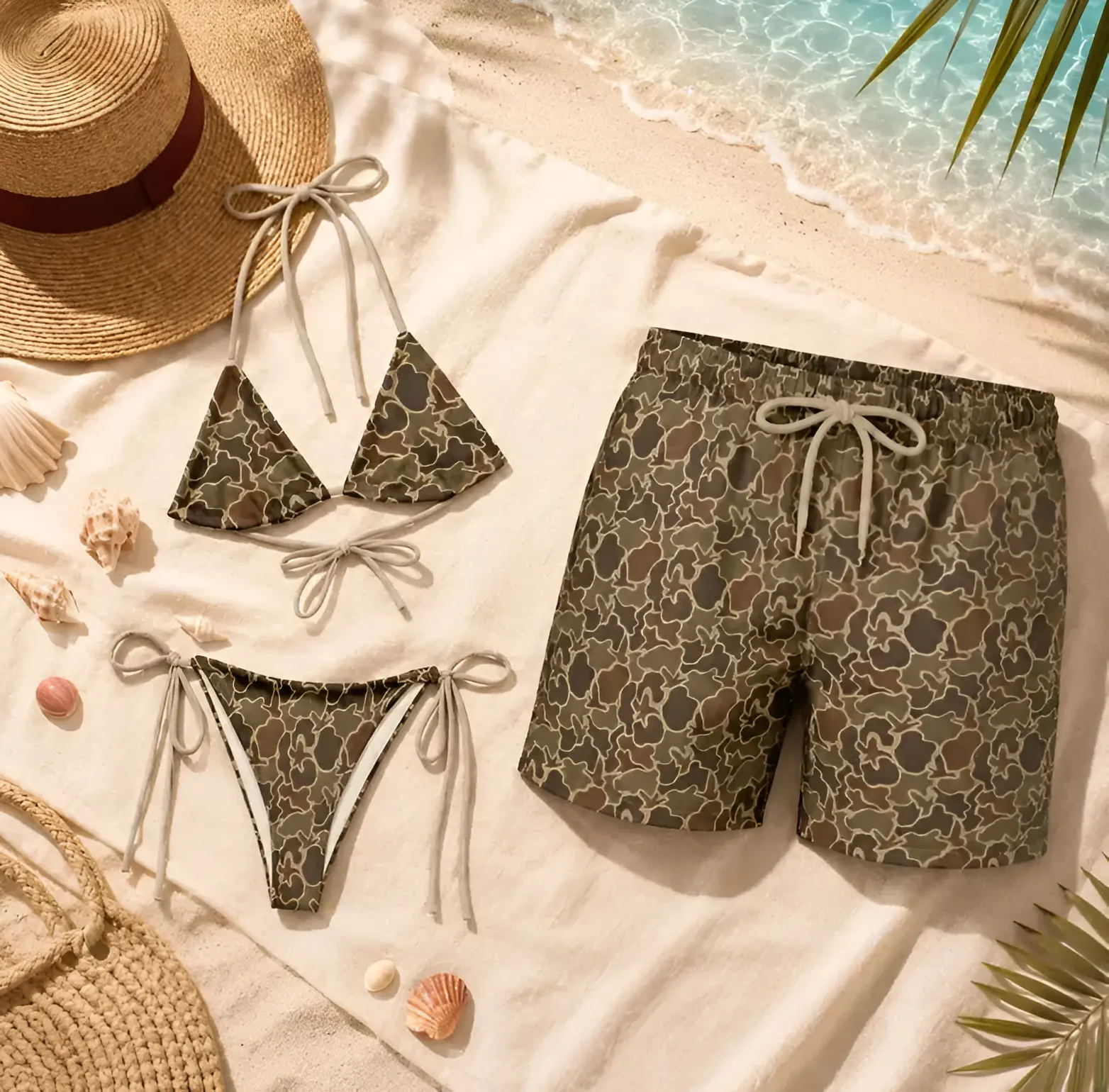 Matching Camo Bikini and Swim Trunks Set, Couples Beachwear, His and Hers Swimsuit, Camouflage Vacation Outfit