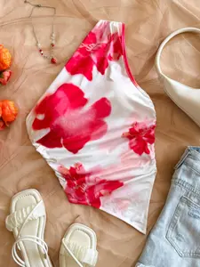 Women's Fashion Summer Casual Floral Print Asymmetric Shoulder Strap Shirt, Ultra-Thin No-Shoulder Design, Perfect Fit