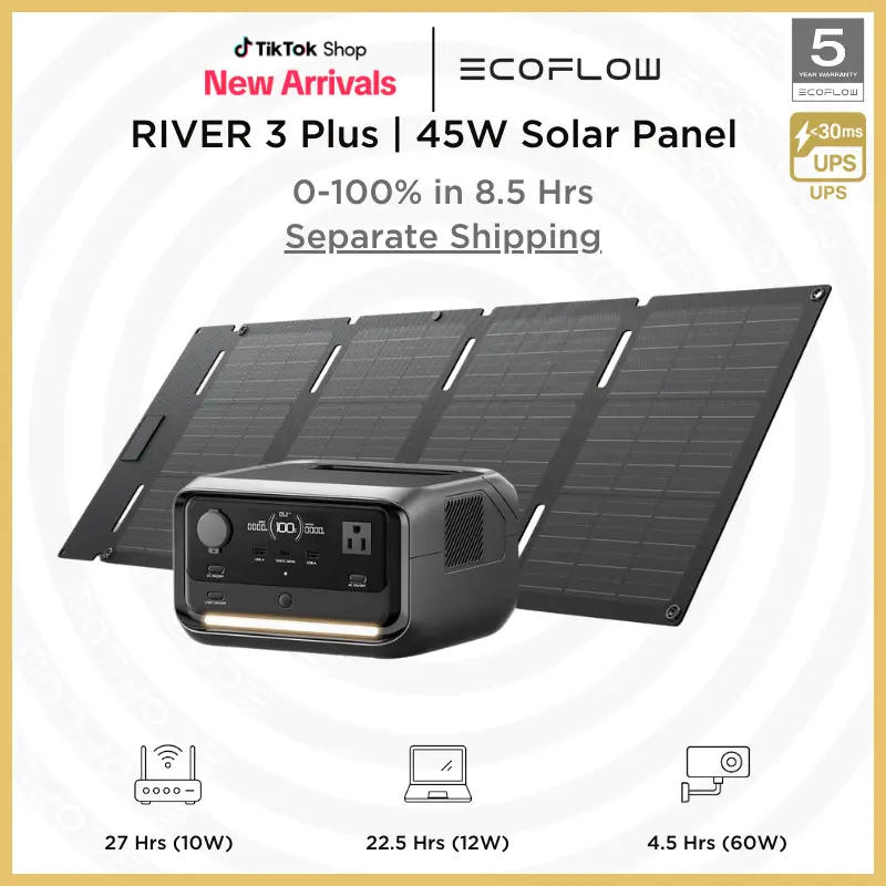 [Separate Shipping] RIVER 3 Plus, 268Wh LiFePO4 Battery, Up to 1200W AC Outlets, 45W Solar Panel Option, <10 MS UPS, Expandable to 840WH, <30 dB Quiet