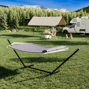 Heavy Duty Double Hammock with Stand – 2 Person Cotton Rope Patio Bed, 450lbs Capacity, Padded Polyester Cushion & Pillow, Hardwood Spreader Bars, for Backyard, Patio, Poolside, Outdoor & Indoor Use