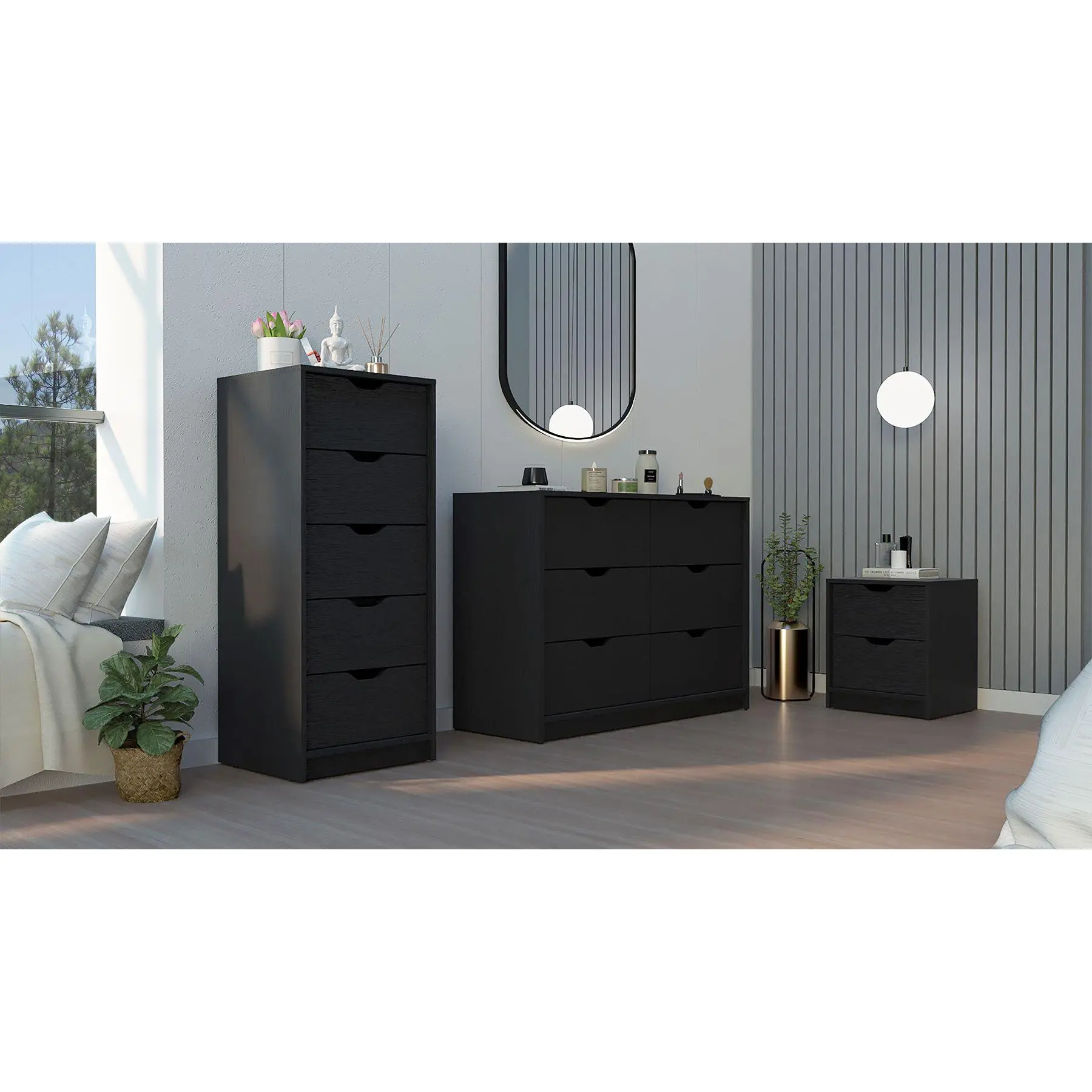 Stockley 3 Piece Bedroom Set, Nightstand + Dresser + Dresser Narrow, Black Wengue Finish