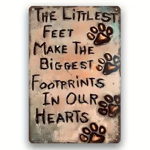 Vintage 'Footprints in Our Hearts' Metal Wall Art for Dog Lovers - Rustic Aluminum Sign with Paw Prints & Heart Decor, 8x12 Inch Distressed Finish, Sentimental Home & Garden Decoration for Porch, Living Room, Outdoor Spaces