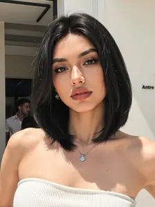 Daily Wig for Women, Short Straight Hair, Medium Part 12 Inch, Natural Fiber, No Bangs, All Seasons, Casual Style, Synthetic Material Wigs, Straight Bob Wig