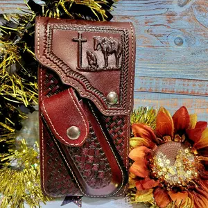 Praying Cowboy Western Phone Holster Genuine Leather Phone Belt Holster and Knife Holder Hand Tooled magnetic closure Handmade  Durable Craftsmanship Authentic Style coffee brown