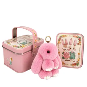 Fluffy Bunny Keychain with Tin Box, Cute Plush Rabbit Bag Charm for Purse Backpack Tote Keys, Gift for Girls