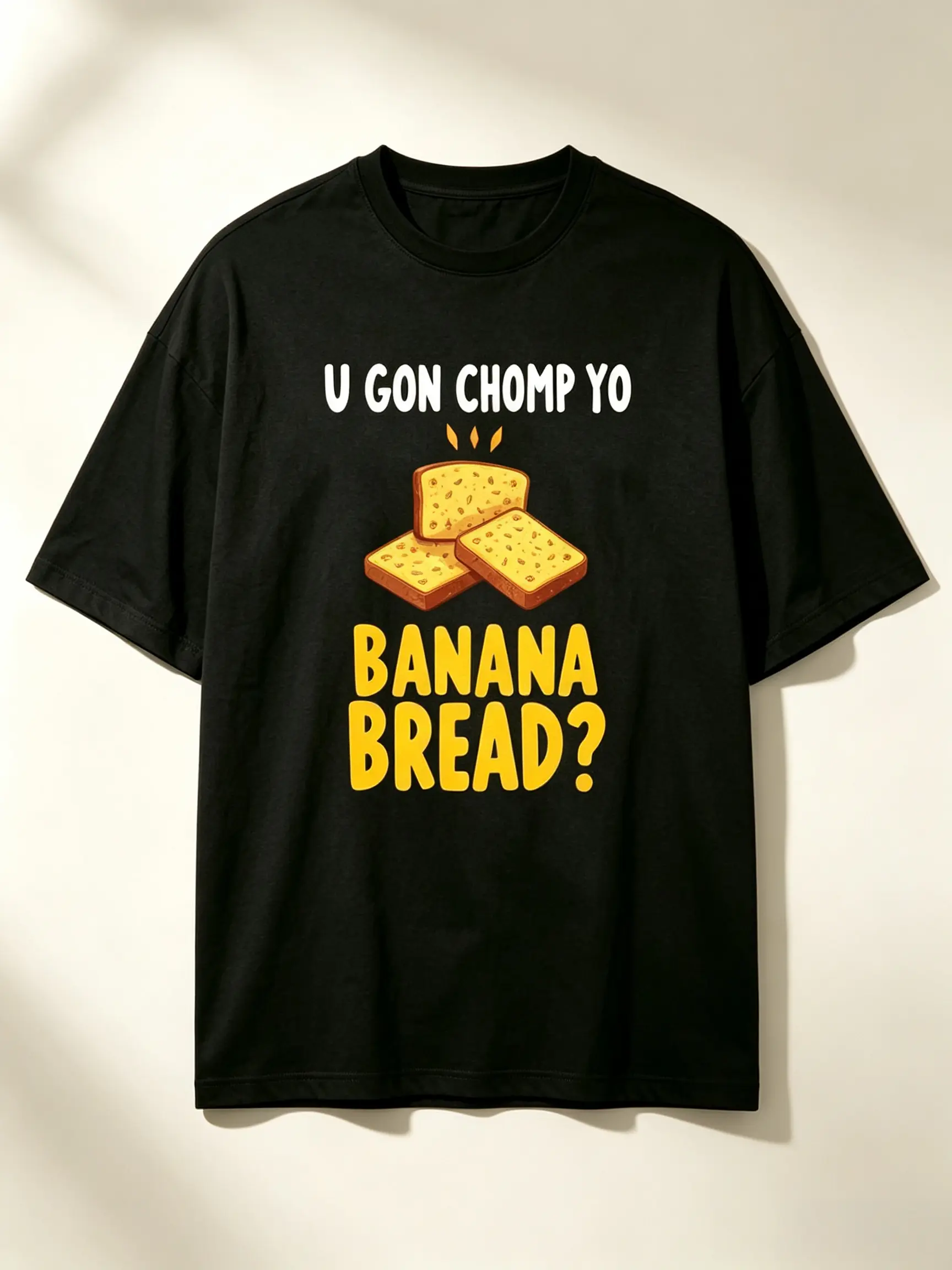 100% Cotton Casual Oversized T-Shirt - Men's Short Sleeve Top with Funny Cartoon Toast Graphic, Anti-Shrink Athletic Fabric, Foldable All Seasons Valentines Day Gift for Baking Lovers, U Gon Chomp Yo Banana Bread Humor Streetwear