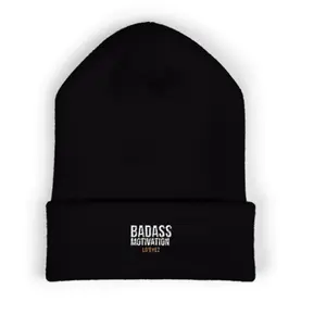 Lo'Eyez.Co Badass Motivation Beanie - Black Cuffed Knit Hat for Winter Fashion with Bold Embroidery & Motivational Design