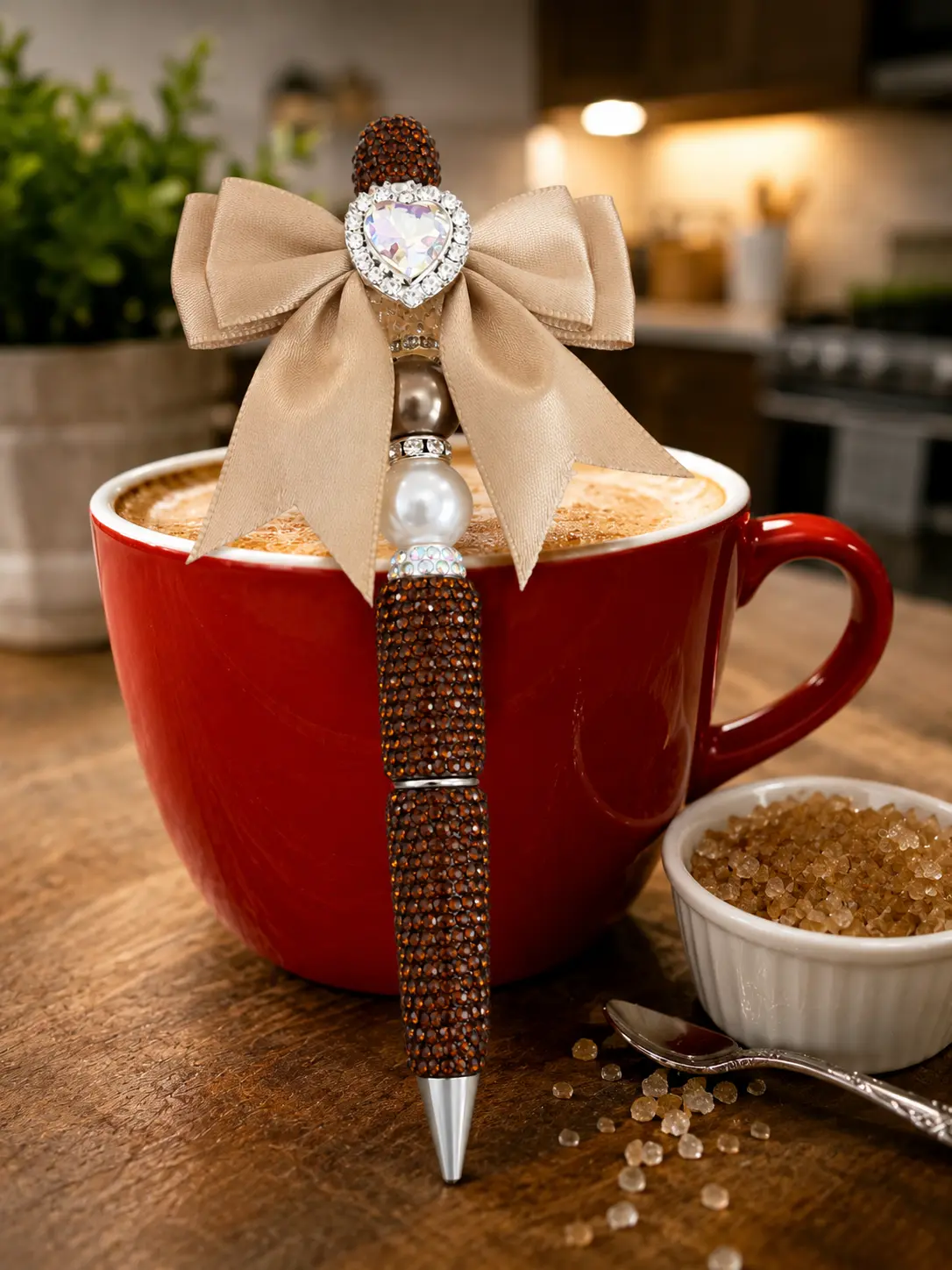 The Boss Pen Co. Luxury Coffee Brown Rhinestone Pen - Satin Bow Decor, Home-Office Writing Tool, Office Stationery Supply