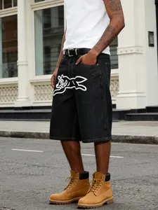 Men's Denim Shorts, Fitted Straight Leg, Regular Print, Street Style, Streetwear, Cartoon Pattern, Casual Summer Wear