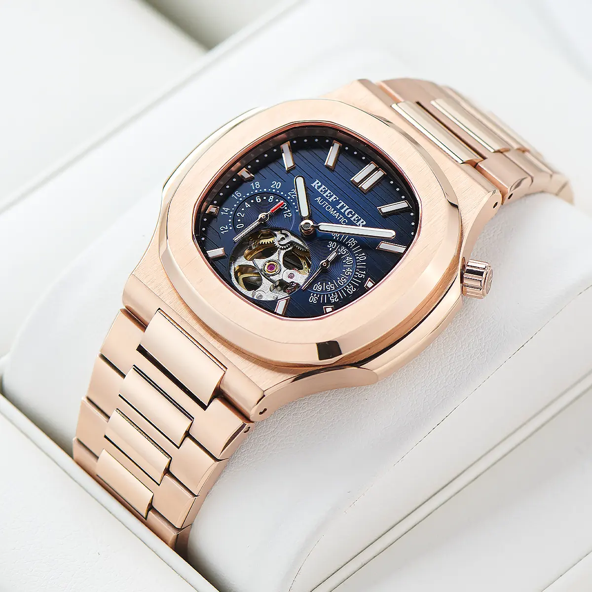 REEF TIGER Men's Stylish Automatic Mechanical Luxury Watch - Elegant Square Dial, Sapphire Crystal, Tourbillon Mechanism, Diamond Decoration, Luminous Hands and Markers