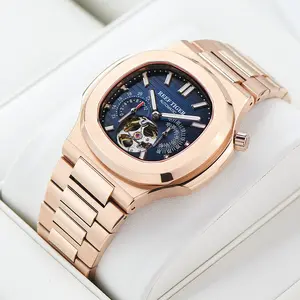 REEF TIGER RT Men's Automatic Mechanical Watch with Square Diamond Decoration 24-Hour Display Tourbillon Luminous Hands Sapphire Crystal Luxury