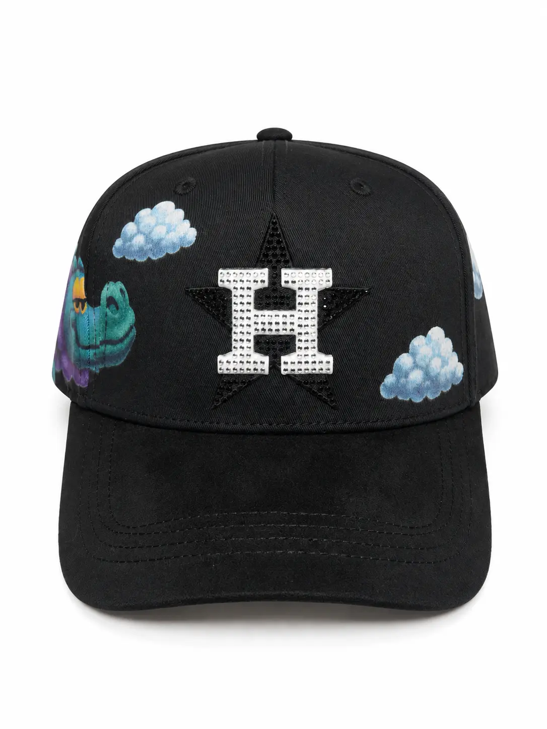 Cloud Graphic Baseball Cap with Premium Rhinestones, Adjustable Snap Closure for Unisex Streetwear Style, Everyday, Bold Center, Casual, Custom Cloud Artwork, Cloudy Skies, One Size