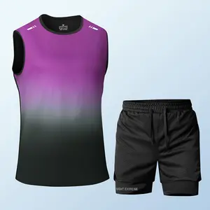 Women’s gradient sleeveless sports set — summer quick-dry tank top + double-layer mesh shorts, two-piece set for fitness and running