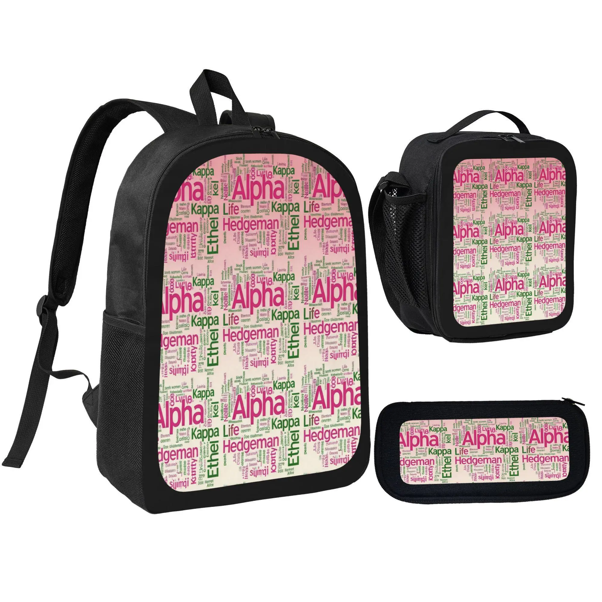 [3Pcs Backpack Set] Pink Alpha Kappa Sigma Hedgeman Word Cloud Pattern With Lunch Bag Pencil Pouch School Bag For Sorority Sisters College Students Campus Life Greek Life Accessories