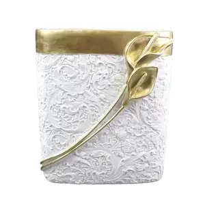 Hymmah Bathroom Trash Can 1.8 Gallon(7 Liter) Small Kitchen Garbage Can,Decor Wastebasket for Bedroom Office,Resin Hand-Carved Colla Lotus White&Gold