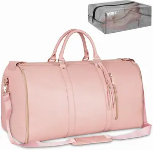 Women's 2-in-1 Convertible PU Leather Garment Duffle Bag - Large Foldable Carry-On Travel Bag with Hanging Design, Shoe Pouch, Pink