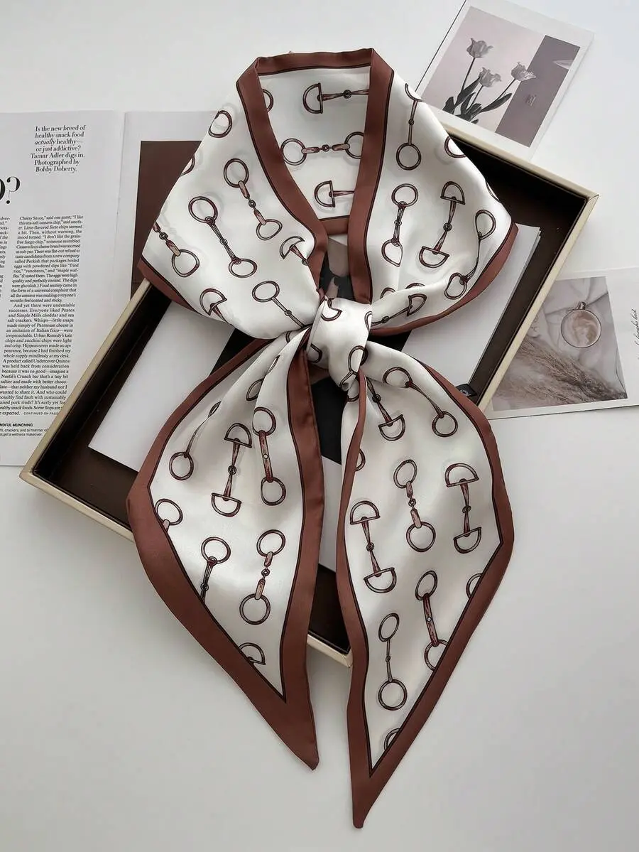 Reversible Twilly Scarf with Mika Chain & Horse Print, Satin Polyester Neckerchief for Women's Hair, Bag & Belt, Horse Print Neckerchiefs, Fabric Neckerchiefs