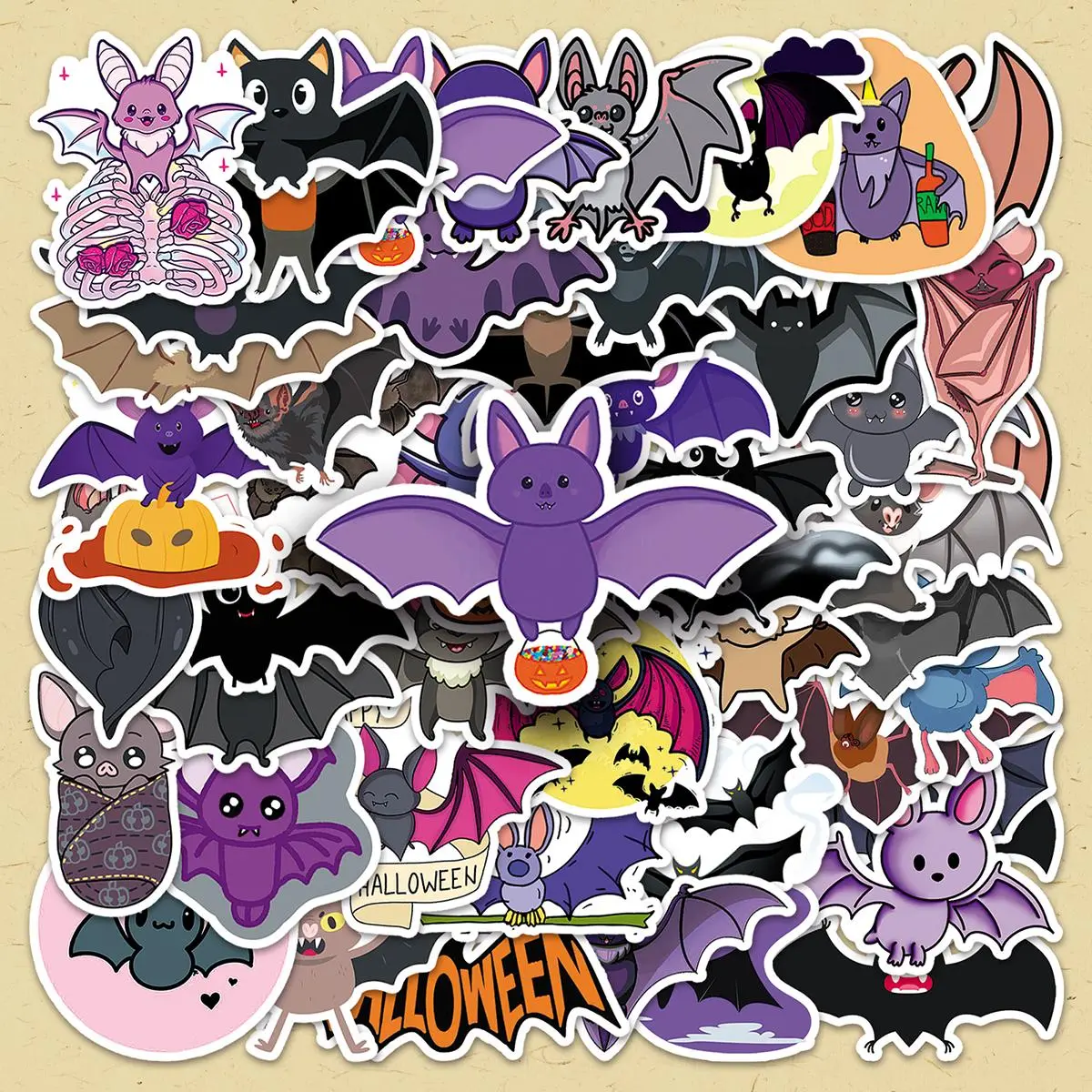 Cartoon Bat Pattern Sticker, 50pcs/set Waterproof Self Adhesive Decor Paper, Decor Sticker for Gift Greeting Card Water Bottle Laptop Phone Cellphone, Halloween