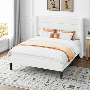 HOOMIC Velvet Upholstered Platform Bed Frame【Frame Only No Mattress】,Vertical Channel Tufted Wingback Headboard,Full/Queen/King Size,White/Black/Grey/Blue/Pink/Green,No Box Spring Needed